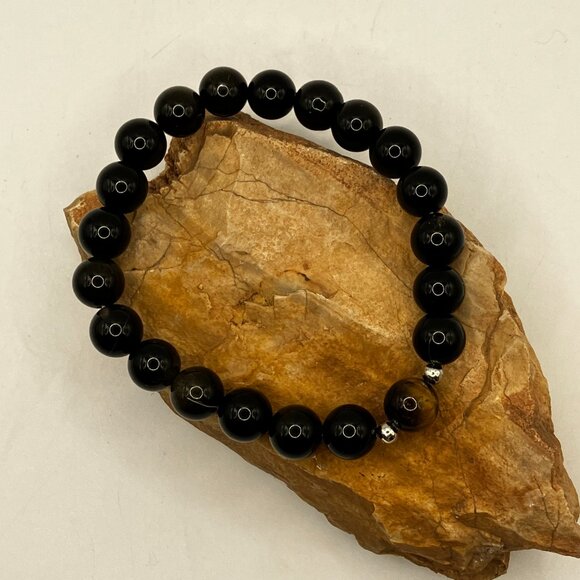Men's Black Obsidian Gemstone Stretch Bracelet Handmade Brand New - Picture 2 of 5